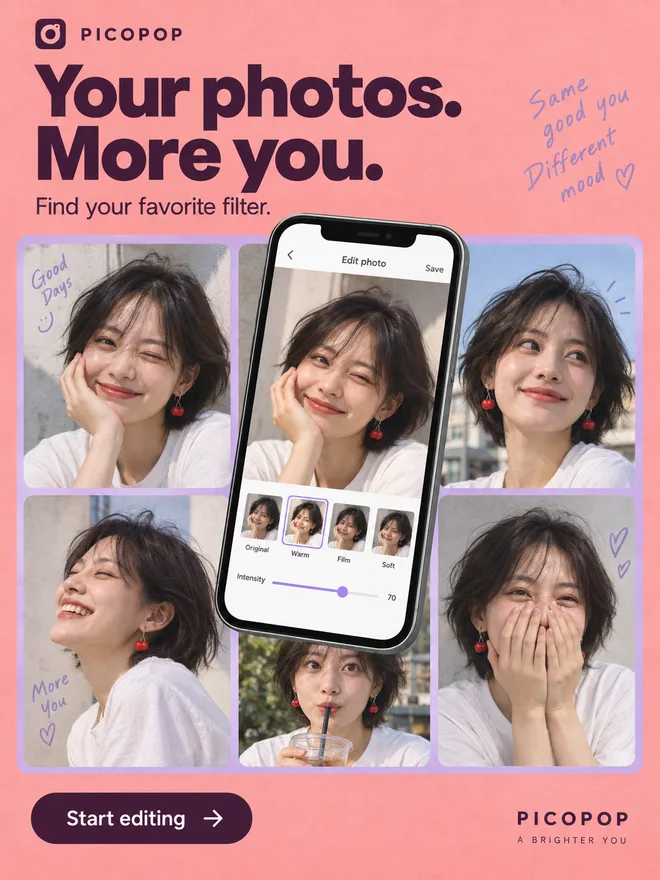 PICOPOP photo-editing app: Your photos. More you. A portrait collage and phone with photo filters.