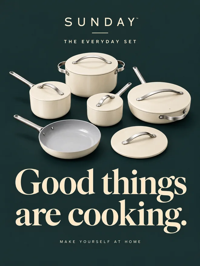 SUNDAY cream cookware on a deep teal background