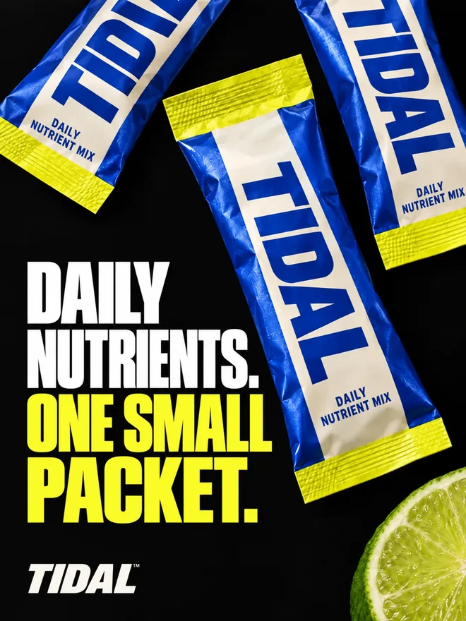 TIDAL daily nutrient packets in blue and yellow: Daily nutrients. One small packet.